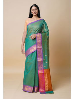 Unnati Silks - Green Pure Handloom Mercerized Superfine Gadwal Cotton Saree without Blouse