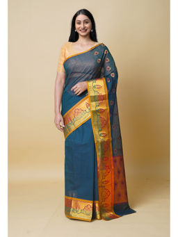 Unnati Silks - Teal Pure Handloom Meena Mercerized Gadwal Cotton Saree without Blouse