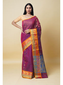 Unnati Silks - Maroon Pure Handloom Meena Mercerized Gadwal Cotton Saree without Blouse