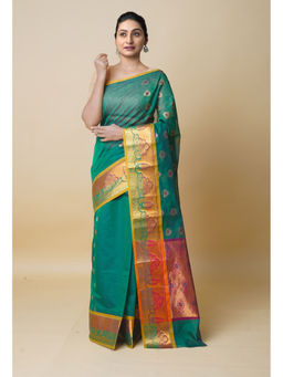 Unnati Silks - Dark Green Pure Handloom Meena Mercerized Gadwal Cotton Saree without Blouse