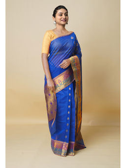 Unnati Silks - Blue Pure Handloom Meena Mercerized Gadwal Cotton Saree without Blouse