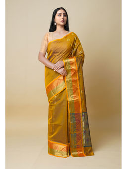 Unnati Silks - Mustard Brown Pure Handloom Meena Mercerized Gadwal Cotton Saree without Blouse