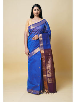 Unnati Silks - Dark Blue Pure Handloom Gadwal Sico Saree with Unstitched Blouse