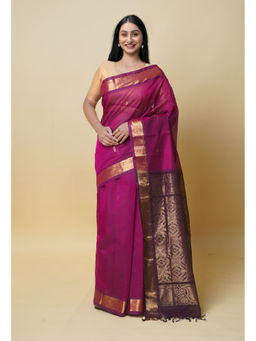 Unnati Silks - Dark Pink Cornflower Pink Pure Handloom Gadwal Sico Saree with Unstitched Blouse