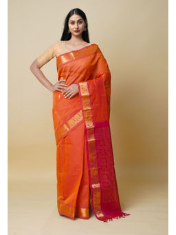 Unnati Silks - Orange Pure Handloom Gadwal Sico Saree with Unstitched Blouse