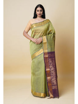 Unnati Silks - Olive Green Pure Handloom Gadwal Sico Saree with Unstitched Blouse