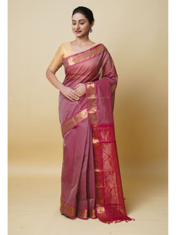 Unnati Silks - Red Gold Pure Handloom Cross Weave Gadwal Sico Saree with Unstitched Blouse