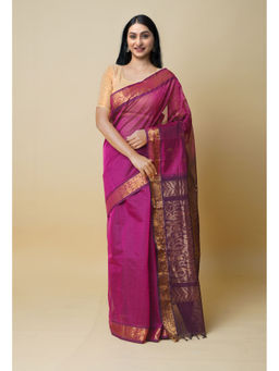 Unnati Silks - Wine Cornflower Pink Pure Handloom Gadwal Sico Saree with Unstitched Blouse