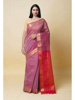 Unnati Silks - Red Gold Pure Handloom Cross Weave Gadwal Sico Saree with Unstitched Blouse