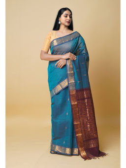 Unnati Silks - Teal Pure Handloom Gadwal Sico Saree with Unstitched Blouse