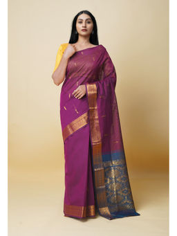 Unnati Silks - Dark Wine Pure Handloom Mercerized Gadwal Cotton Saree without Blouse