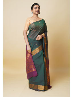 Unnati Silks - Forest Green Pure Handloom Mercerized Gadwal Cotton Saree without Blouse