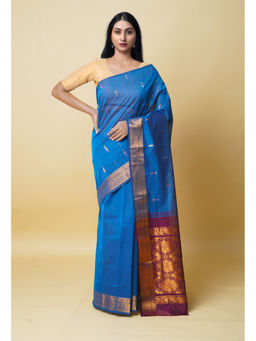 Unnati Silks - Blue Pure Handloom Mercerized Gadwal Cotton Saree without Blouse