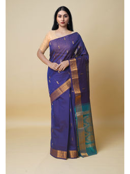 Unnati Silks - Navy Blue Pure Handloom Mercerized Gadwal Cotton Saree without Blouse