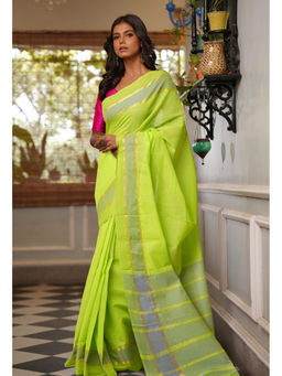 Unnati Silks - Parrot Green Pure Mangalagiri Cotton Saree with Unstitched Blouse