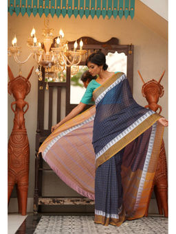 Unnati Silks - Navy Blue Pure Mangalagiri With Checks Cotton Saree with Unstitched Blouse