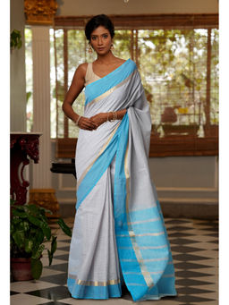 Unnati Silks - Grey Blue Pure Cross Weave Mangalagiri Cotton Saree with Unstitched Blouse