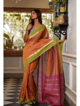 Unnati Silks - Brown Pure Cross Weave Mangalagiri Cotton Saree with Unstitched Blouse