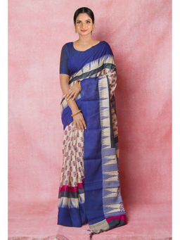 Unnati Silks - Cream Pure Handloom Hand Block Printed Vidarbha Tussar Silk Saree without Blouse