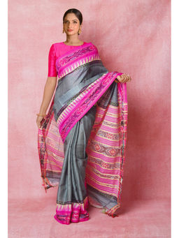 Unnati Silks - Grey Pure Handloom Hand Block Printed Vidarbha Tussar Silk Saree without Blouse