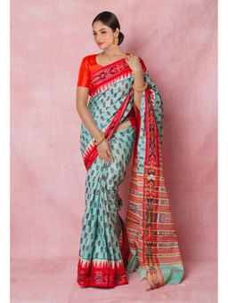 Unnati Silks - Blue Pure Handloom Hand Block Printed Vidarbha Tussar Silk Saree with Unstitched Blouse