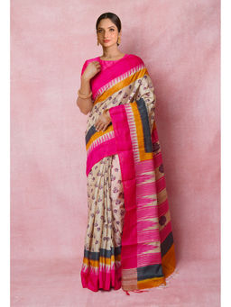 Unnati Silks - Cream Pure Handloom Hand Block Printed Tussar Silk Saree with Unstitched Blouse