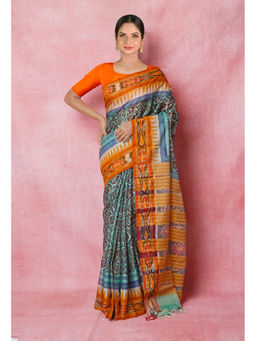 Unnati Silks - Blue Pure Handloom Hand Block Printed Vidarbha Tussar Silk Saree with Unstitched Blouse