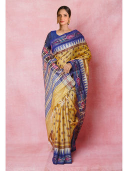Unnati Silks - Mustard Pure Handloom Hand Block Printed Tussar Silk Saree with Unstitched Blouse