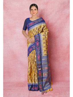Unnati Silks - Mustard Pure Handloom Hand Block Printed Vidarbha Tussar Silk Saree without Blouse