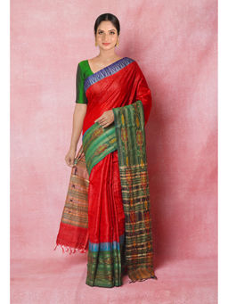 Unnati Silks - Red Pure Handloom Hand Block Printed Vidarbha Tussar Silk Saree with Unstitched Blouse