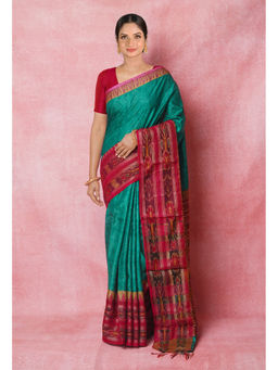 Unnati Silks - Green Pure Handloom Hand Block Printed Tussar Silk Saree with Unstitched Blouse