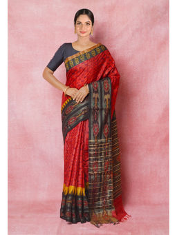 Unnati Silks - Red Pure Handloom Hand Block Printed Vidarbha Tussar Silk Saree with Unstitched Blouse