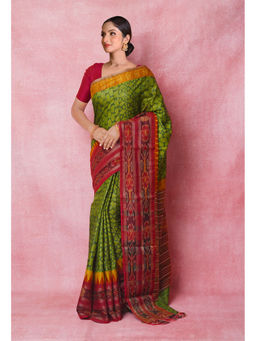 Unnati Silks - Green Pure Handloom Hand Block Printed Tussar Silk Saree with Unstitched Blouse