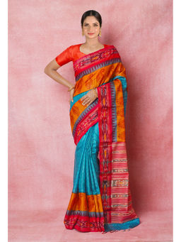 Unnati Silks - Blue Pure Handloom Hand Block Printed Vidarbha Tussar Silk Saree with Unstitched Blouse