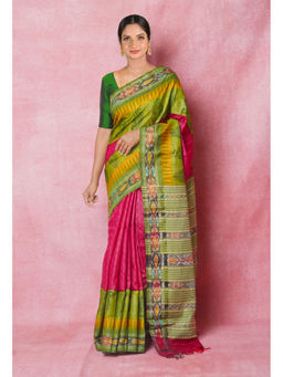Unnati Silks - Pink Pure Handloom Hand Block Printed Vidarbha Tussar Silk Saree with Unstitched Blouse