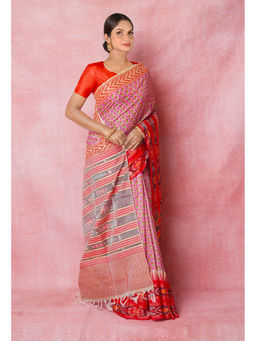 Unnati Silks - Pink Pure Handloom Hand Block Printed Vidarbha Tussar Silk Saree with Unstitched Blouse