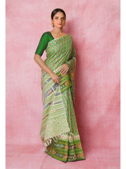 Unnati Silks - Green Pure Handloom Hand Block Printed Tussar Silk Saree with Unstitched Blouse