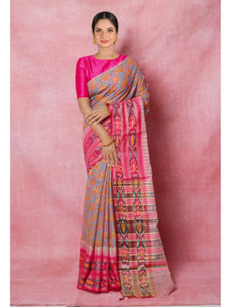 Unnati Silks - Pink Pure Handloom Hand Block Printed Vidarbha Tussar Silk Saree with Unstitched Blouse