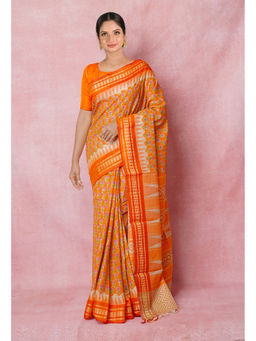 Unnati Silks - Orange Pure Handloom Hand Block Printed Tussar Silk Saree with Unstitched Blouse