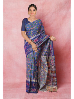 Unnati Silks - Blue Pure Handloom Hand Block Printed Vidarbha Tussar Silk Saree with Unstitched Blouse