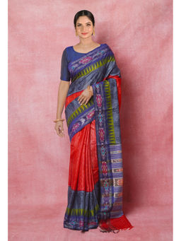 Unnati Silks - Orange Pure Handloom Hand Block Printed Tussar Silk Saree with Unstitched Blouse