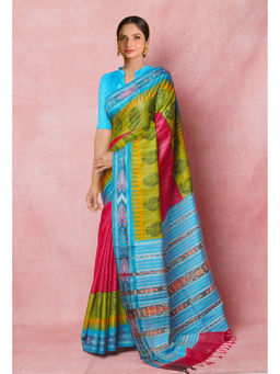 Unnati Silks - Pink Pure Handloom Hand Block Printed Vidarbha Tussar Silk Saree with Unstitched Blouse