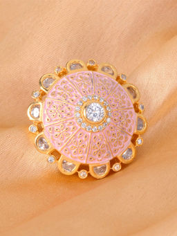 Saraf RS Jewellery - Gold Plated With Pink Ad Studded Handcrafted Adjustable Ring