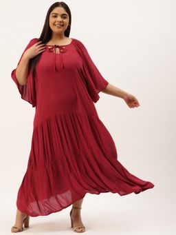theRebelinme - Plus Size Womens Maroon Solid Color Tiered A-Line Maxi Dress