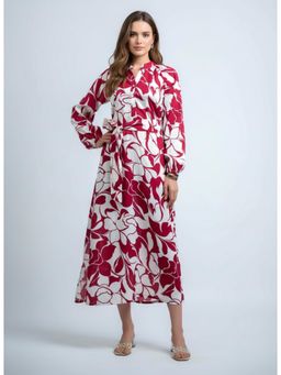 Twenty Dresses by Nykaa Fashion - Polyester Crepe Floral Maroon Dress with Belt