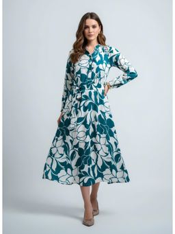 Twenty Dresses by Nykaa Fashion - Polyester Crepe Floral Teal Belted Dress