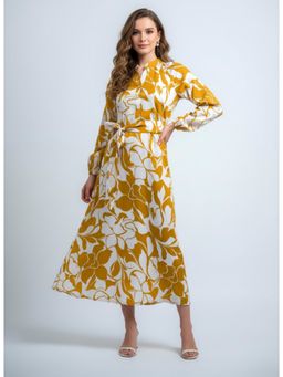 Twenty Dresses by Nykaa Fashion - Polyester Crepe Floral Mustard Dress with Belt