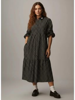 Twenty Dresses by Nykaa Fashion - Black Polka Dot Tiered Midi Shirt Dress
