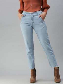 SHOWOFF - Women Clean Look Blue Mom Fit Denim Jeans