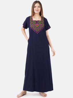KOI SLEEPWEAR - Navy Blue Embroidered A-Line Night Dress